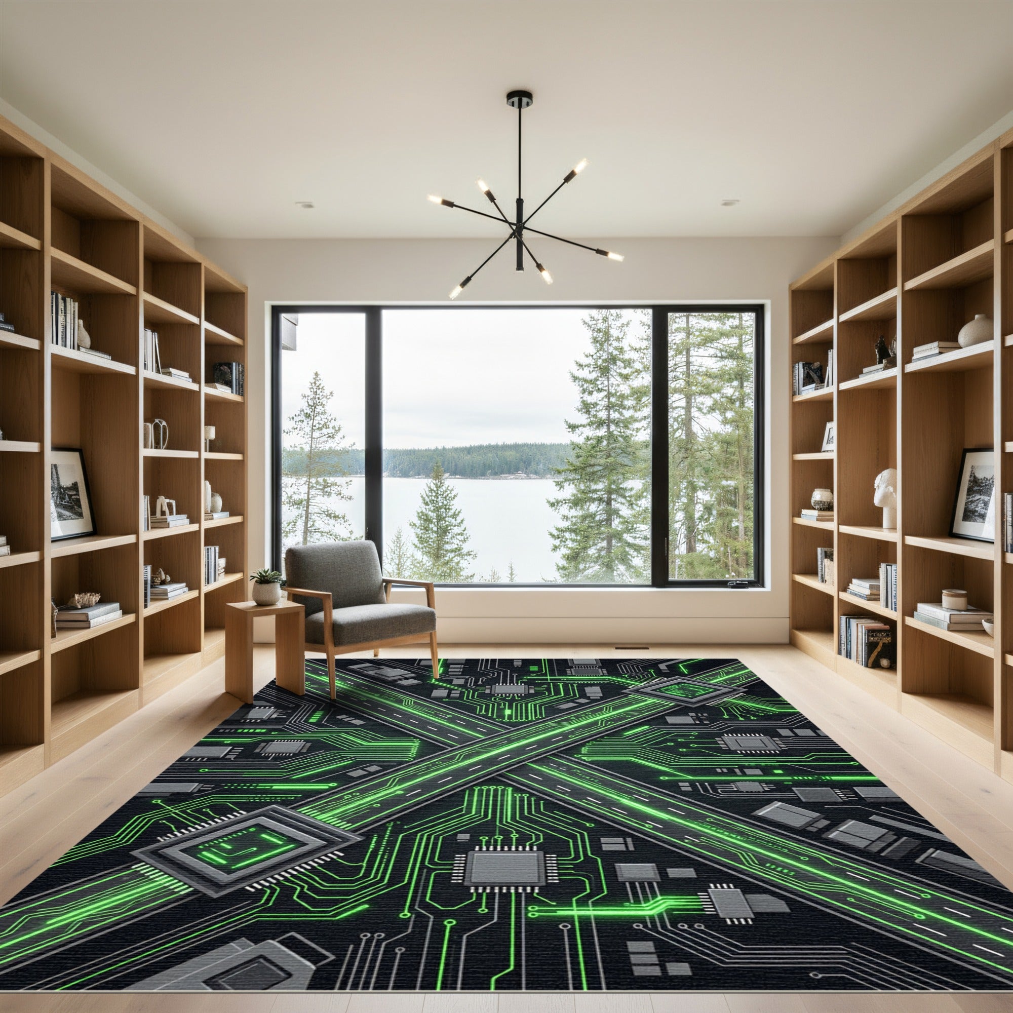 Neon Circuit Board Cyber Grid Rug