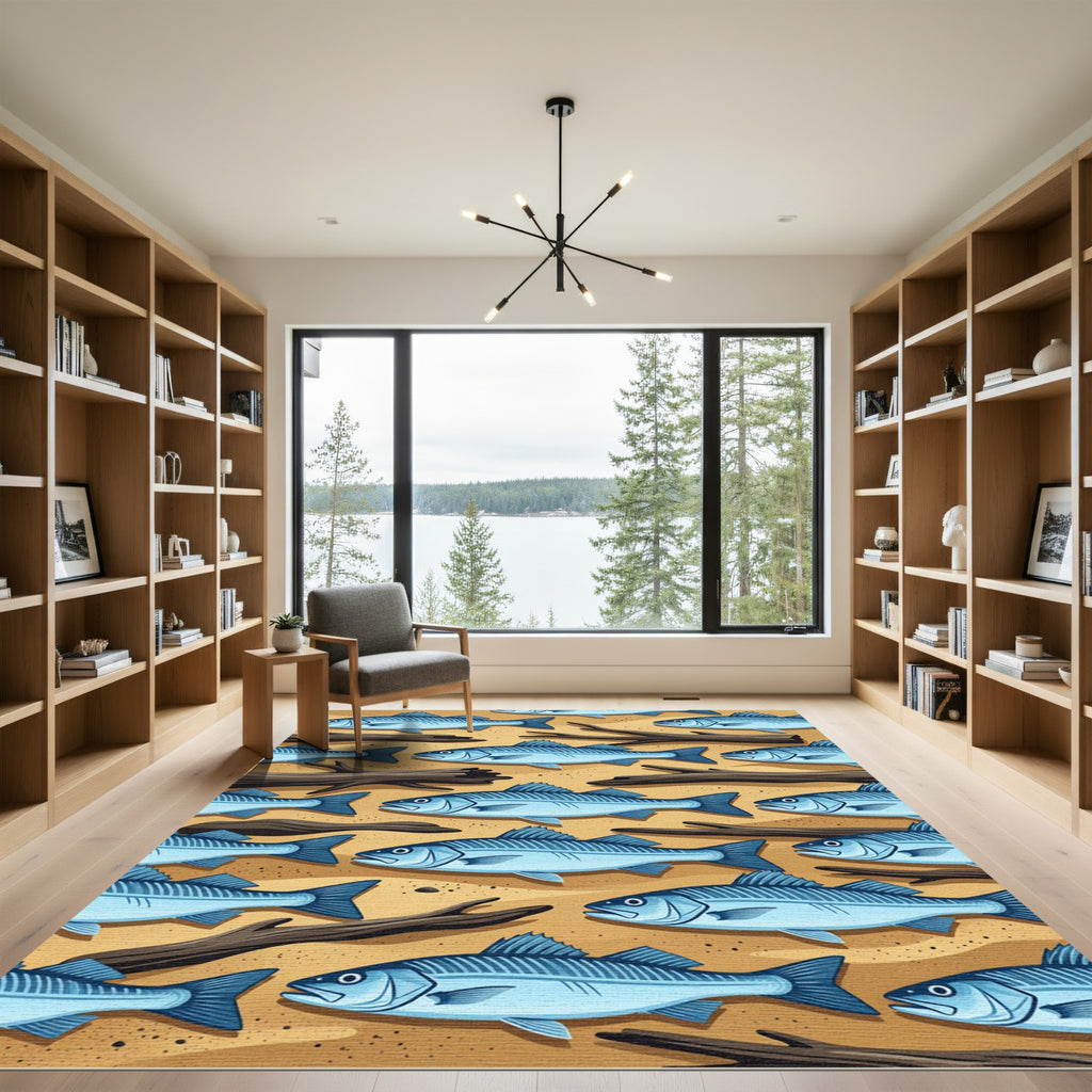 Blue Swimming Fish and Driftwood Sand Rug