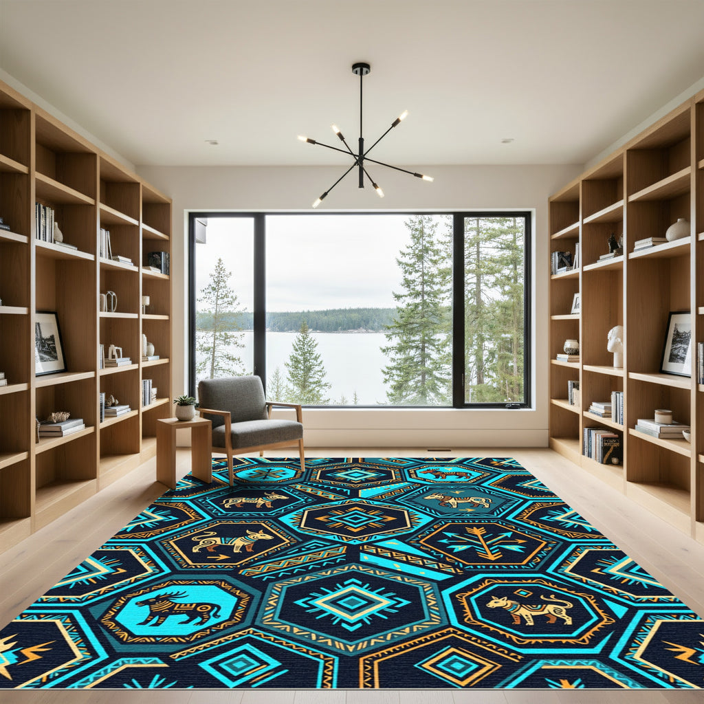 Tribal Hexagon Animals Turquoise Yellow Rug