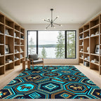 Tribal Hexagon Animals Turquoise Yellow Rug