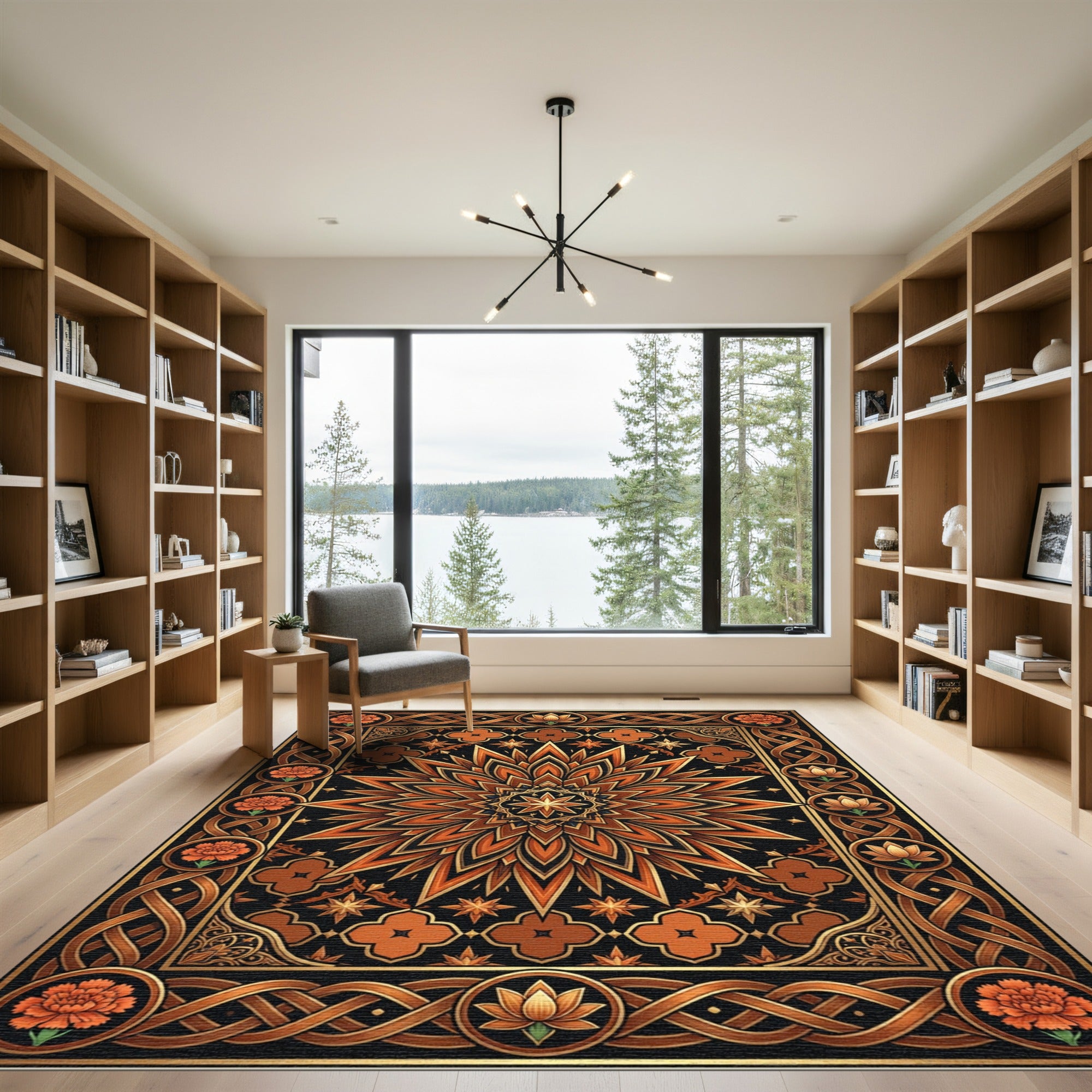Golden Bronze Floral Geometric Medallion Rug