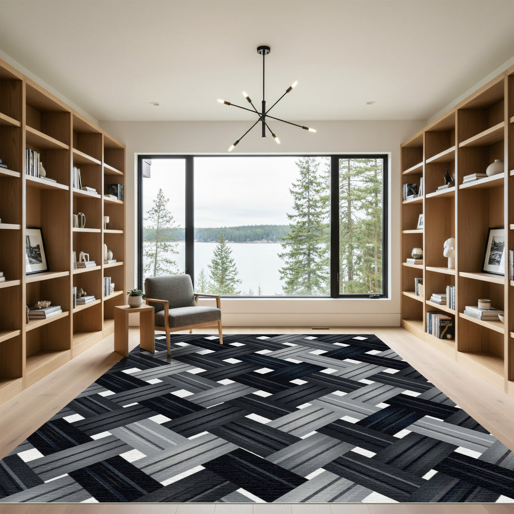 Monochrome Interwoven Charcoal Diagonal Grid Rug