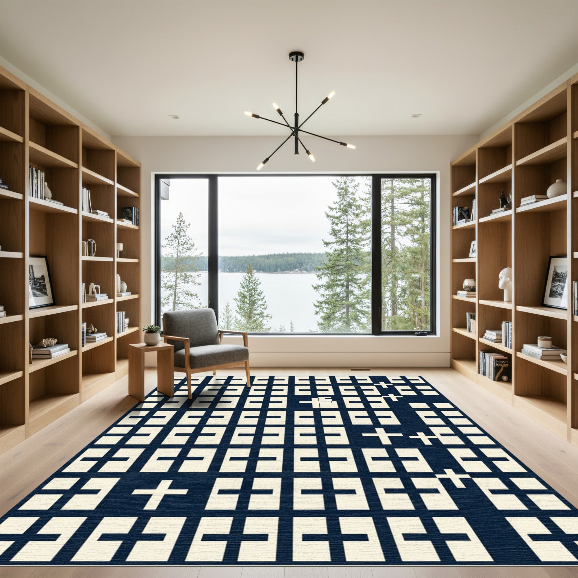 Navy Geometric Grid with Ivory Crosses Rug