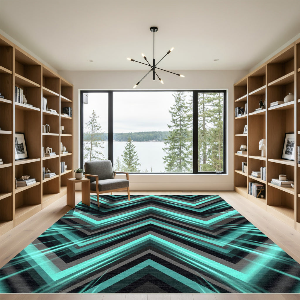 Modern Teal Iridescent Chevron Geometric Rug