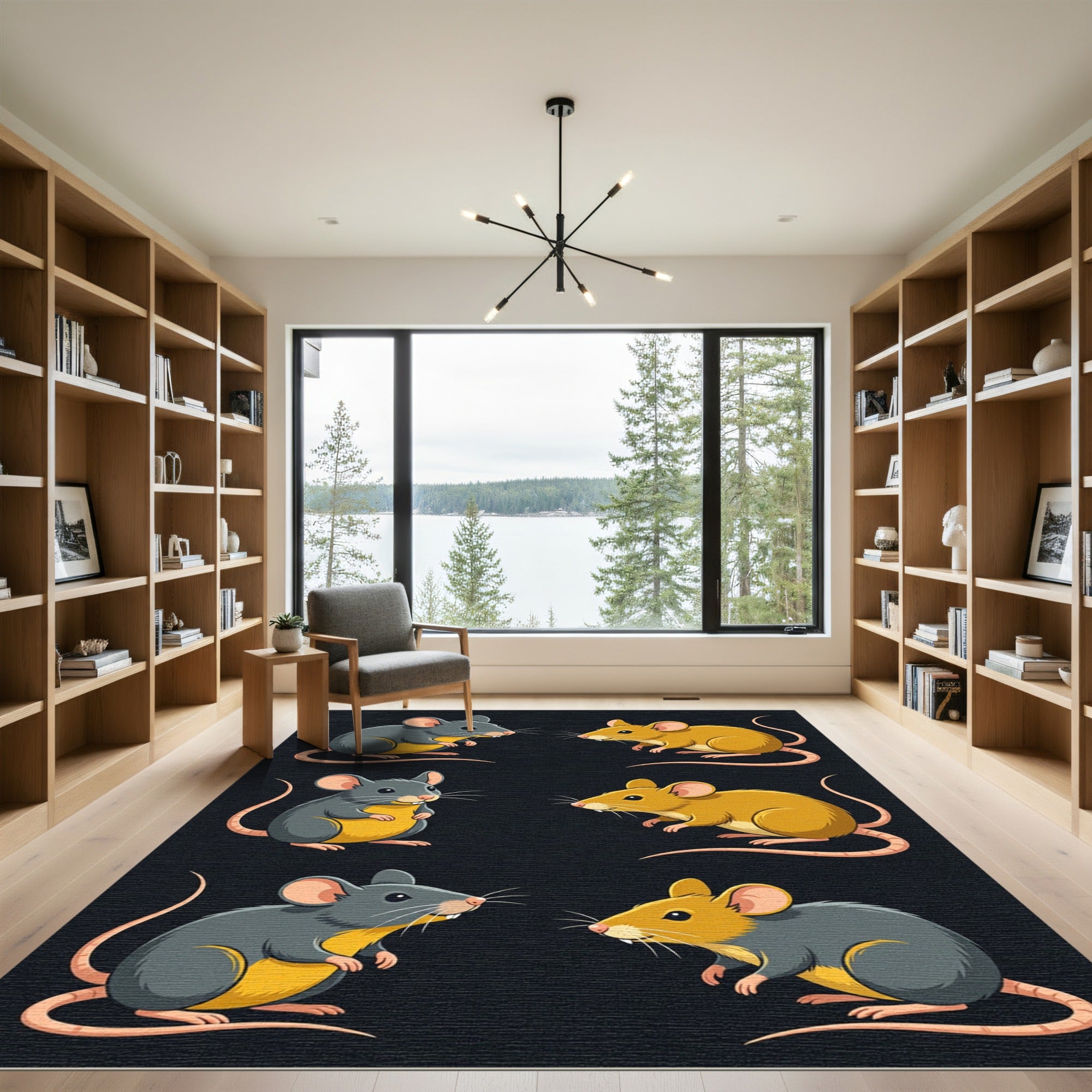 Playful Gray and Gold Cartoon Mice Rug