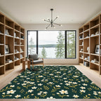 Dark Green Delicate White Wildflower Meadow Rug