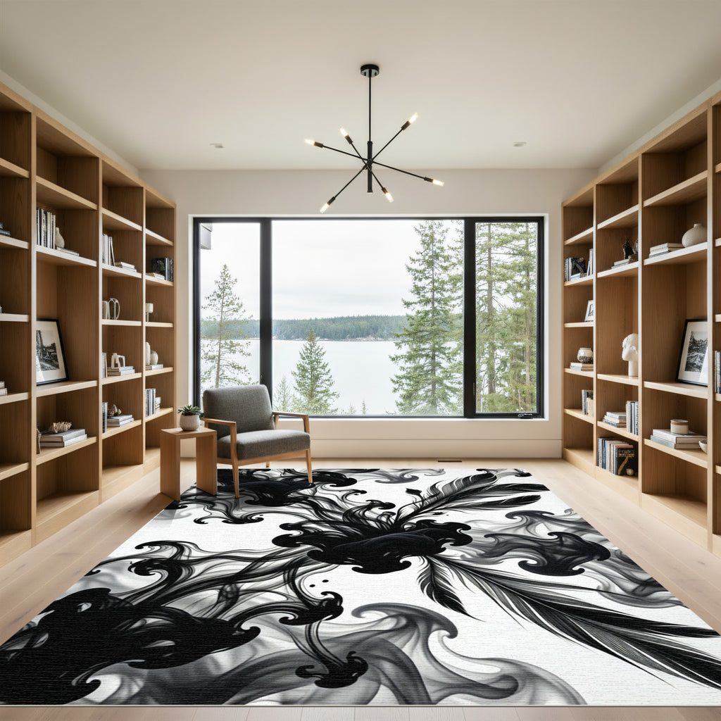 Black Ink Feather Swirl Abstraction Rug