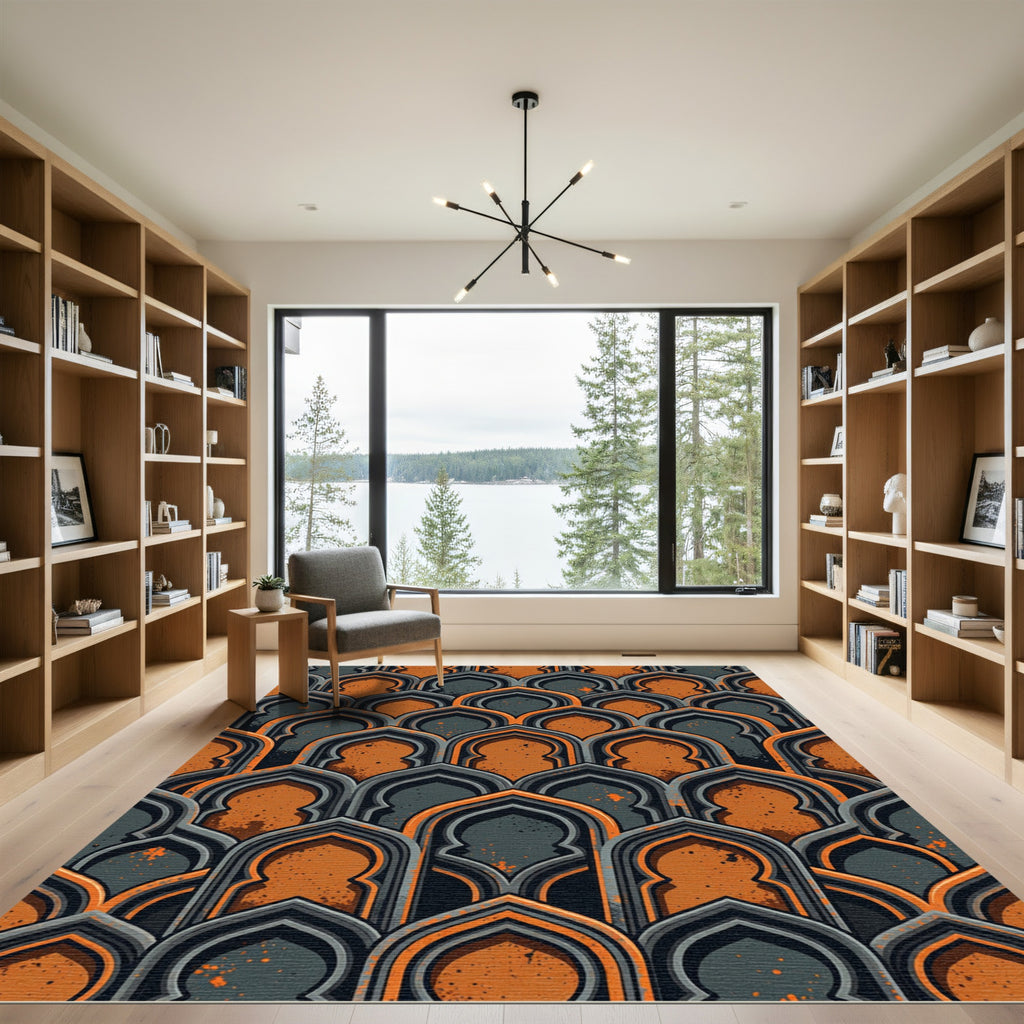 Arched Slate and Burnt Orange Geometric Rug