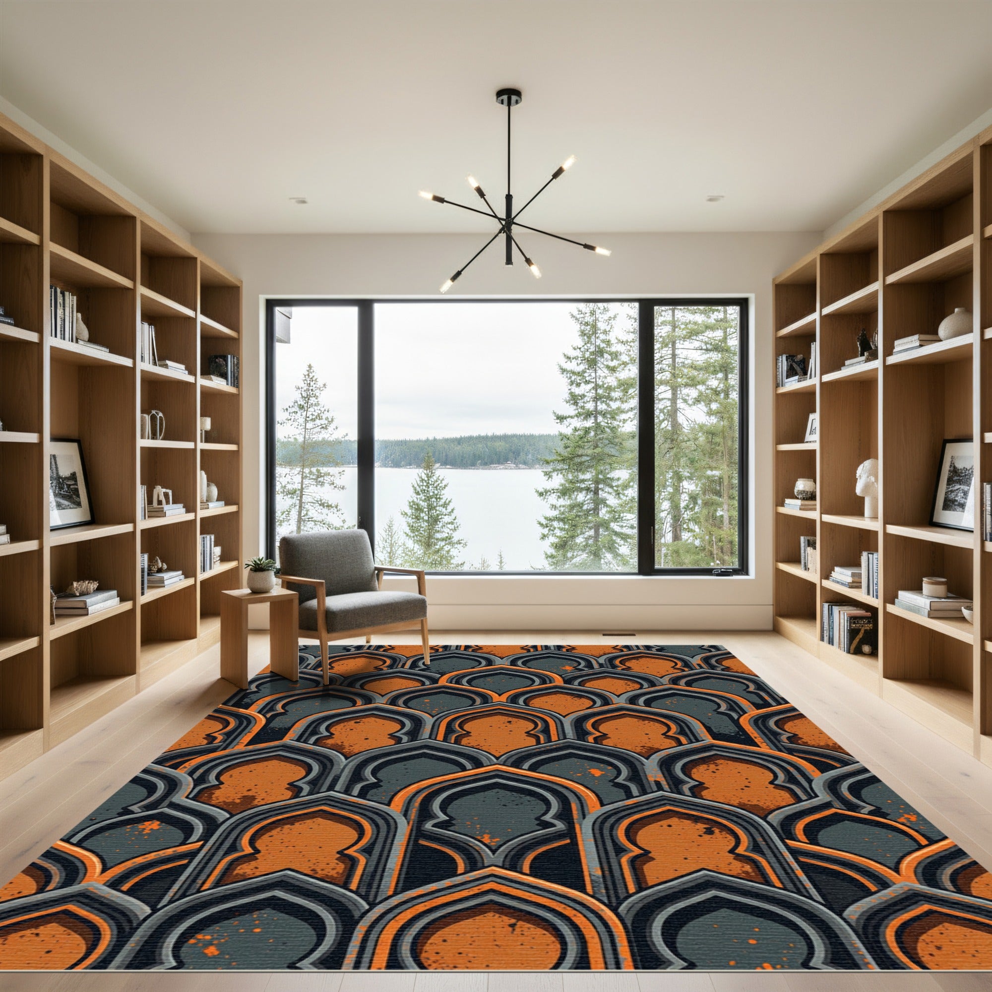 Arched Slate and Burnt Orange Geometric Rug