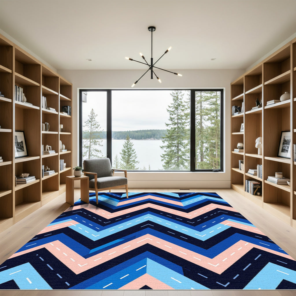 Retro Blue Pink Chevron Geometric Rug