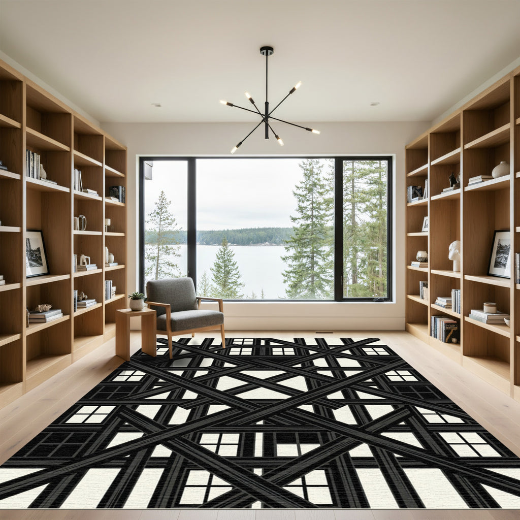 Black White Overlapping Lattice Rug