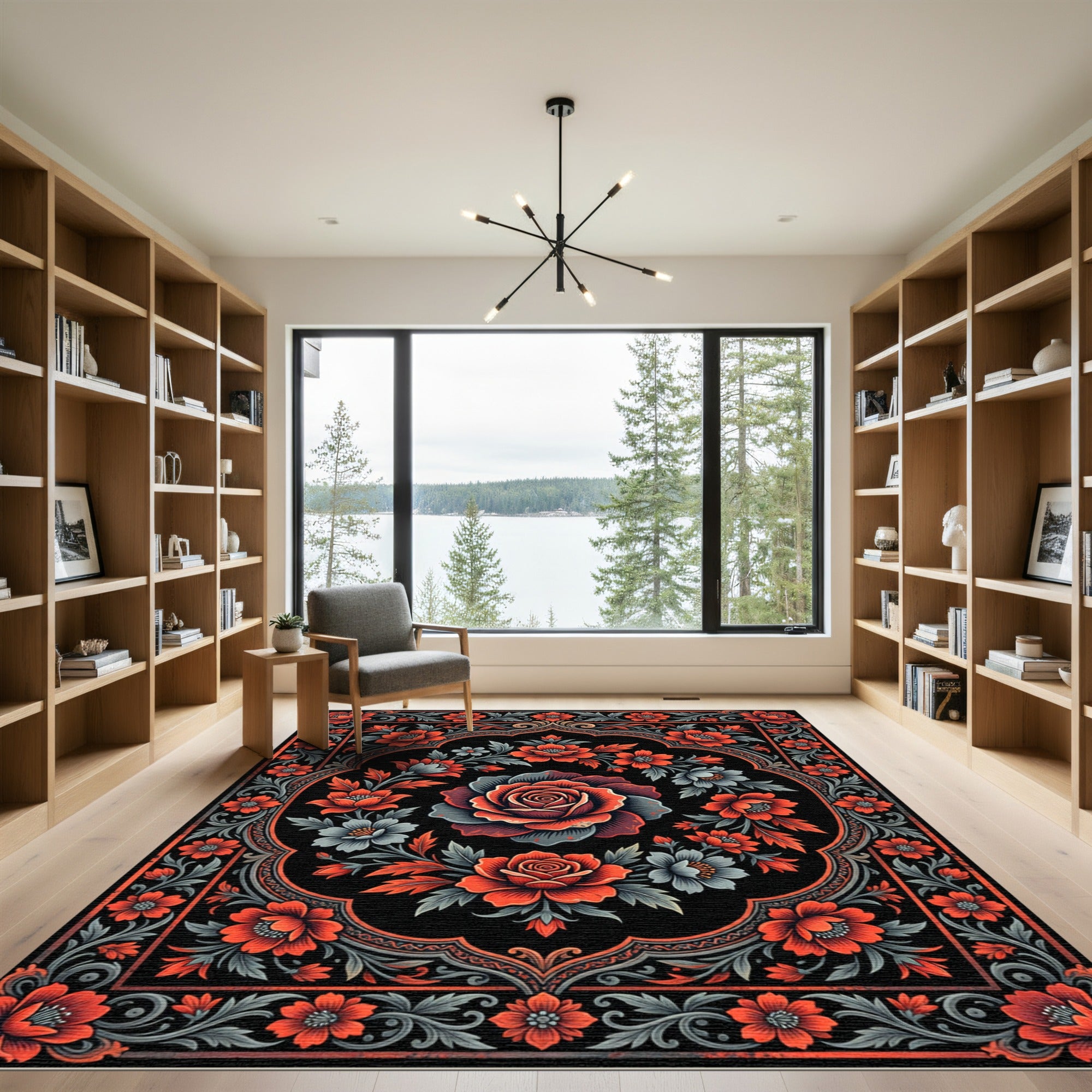 Dark Floral Rose Medallion Rug
