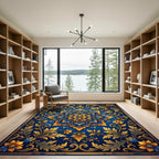 Ornate Golden Blue Floral Medallion Rug