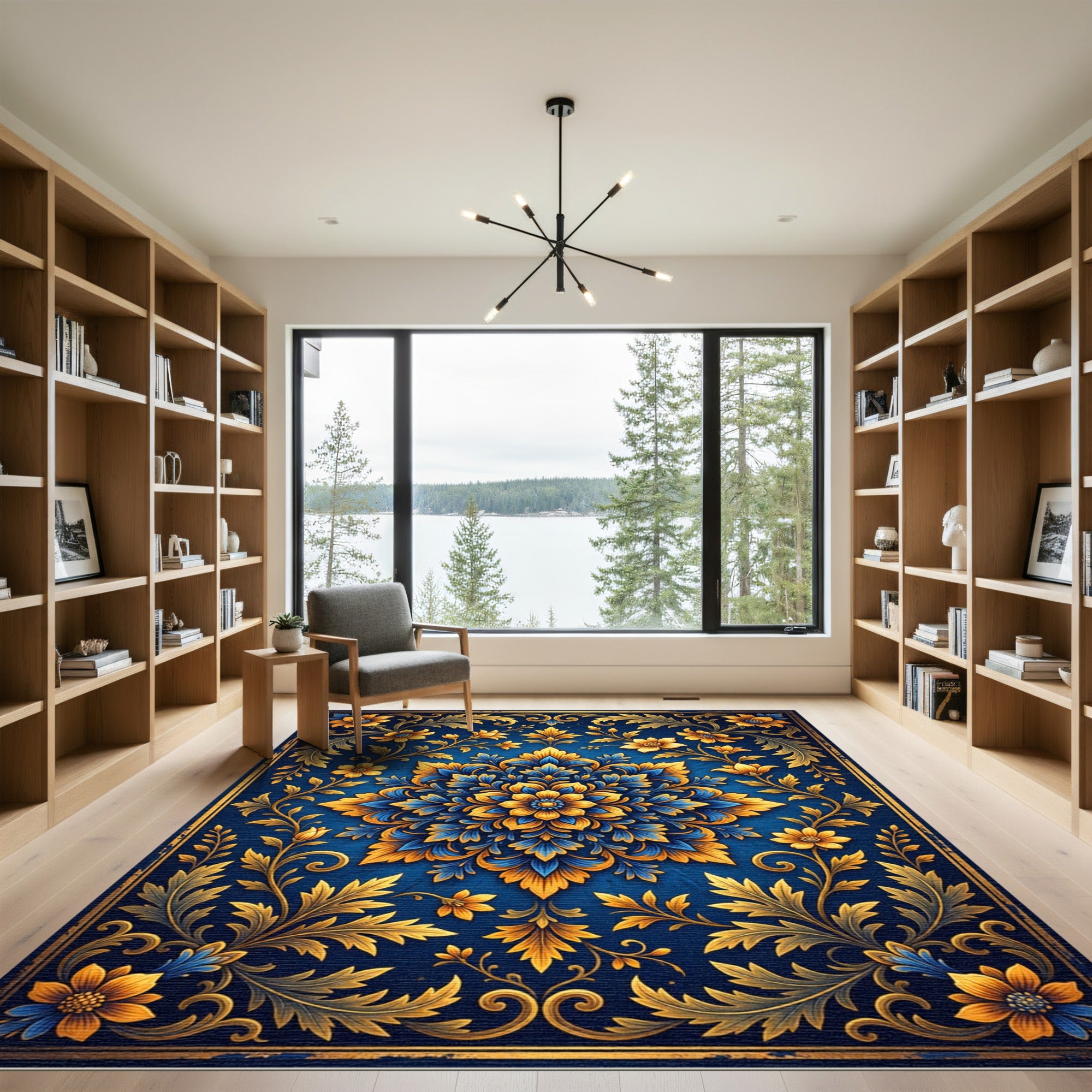Ornate Golden Blue Floral Medallion Rug