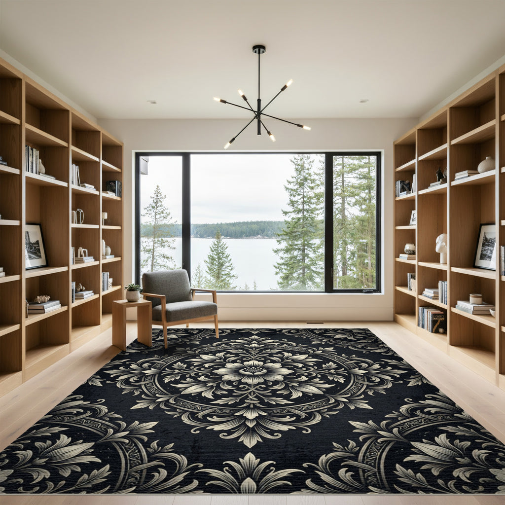 Elegant Charcoal Cream Floral Medallion Rug