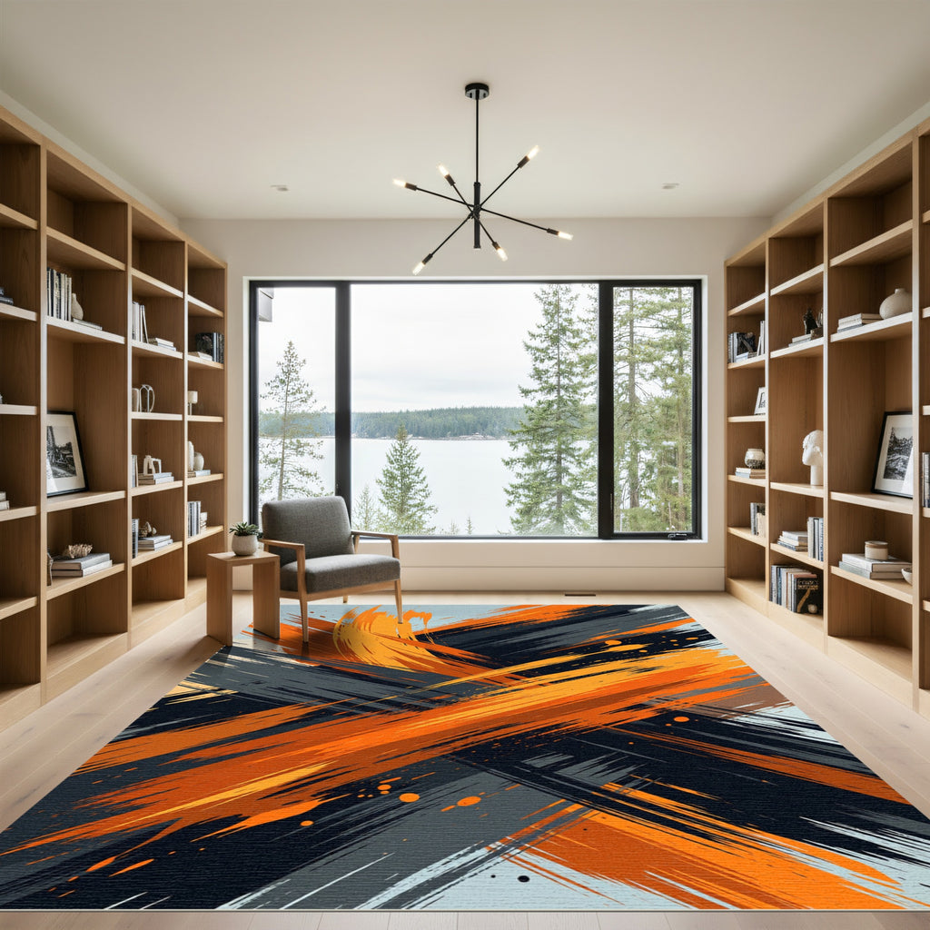 Dynamic Orange And Charcoal Brushstroke Rug