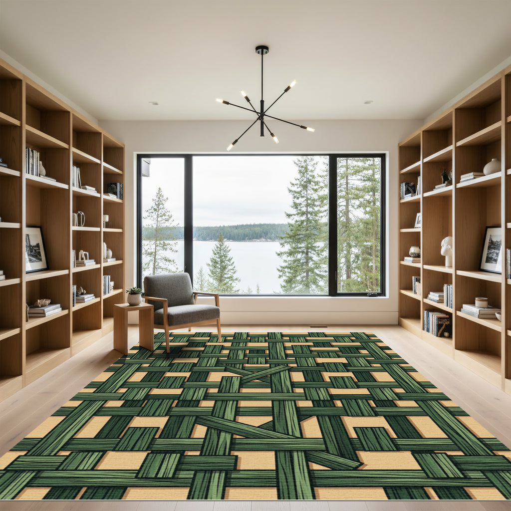 Deep Green Woven Wood Texture Rug