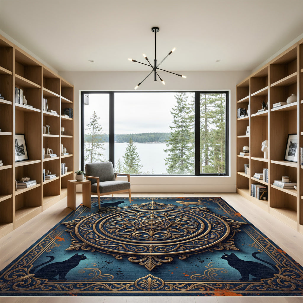 Ornate Golden Feline Medallion Navy Ink Rug