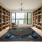Ornate Golden Feline Medallion Navy Ink Rug