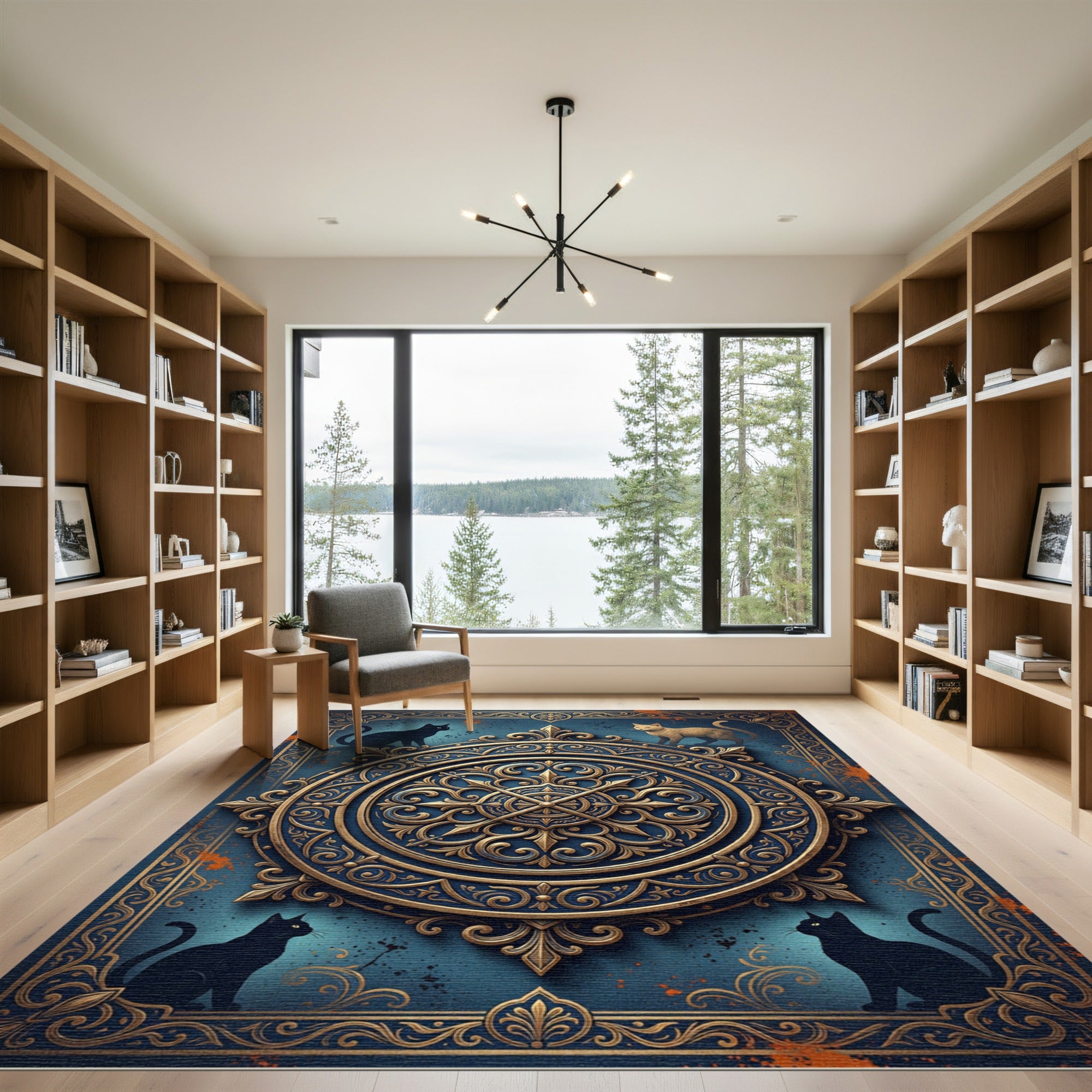 Ornate Golden Feline Medallion Navy Ink Rug