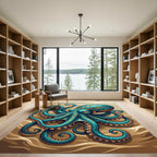 Intricate Teal and Gold Octopus Rug