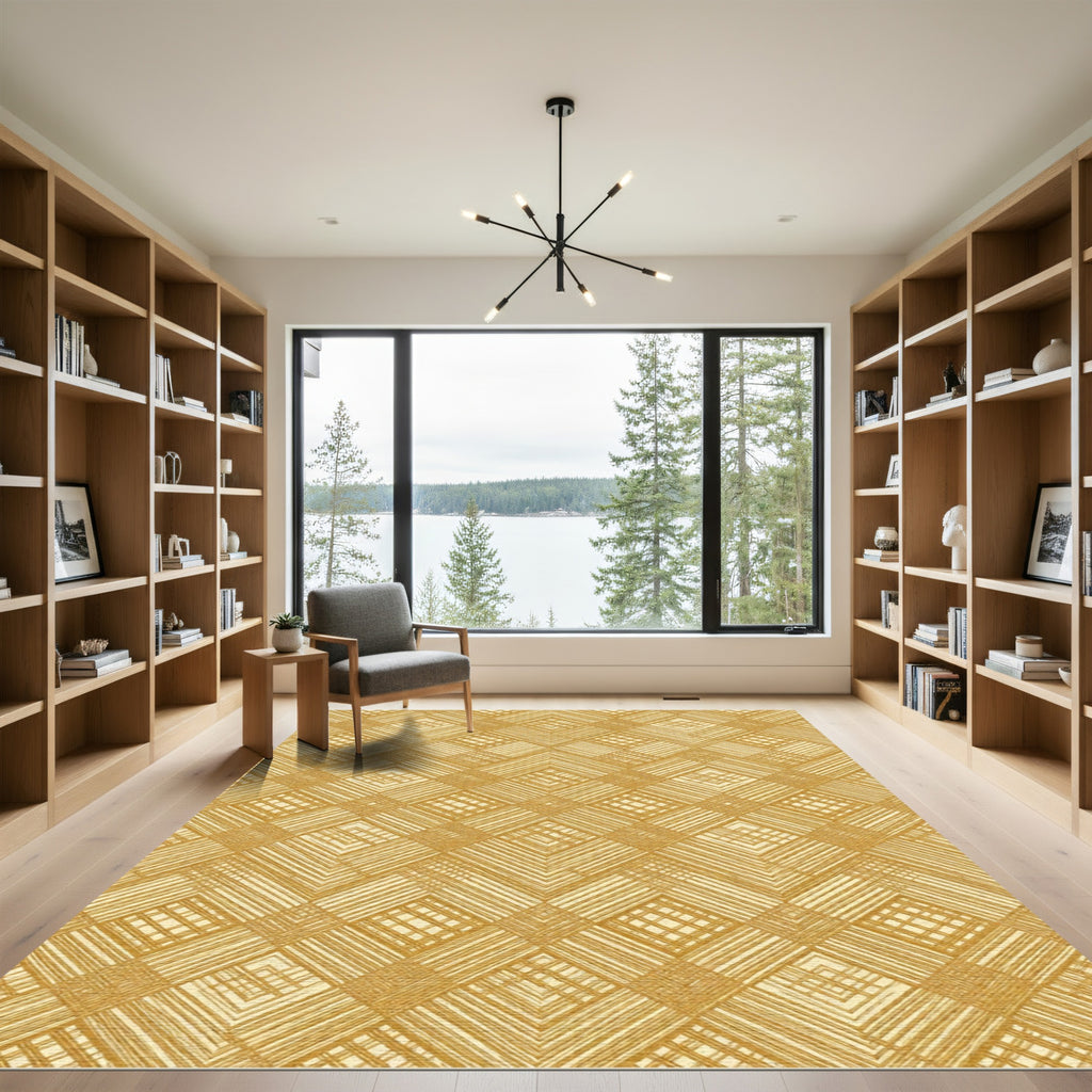 Golden Geometric Lattice Textured Weave Rug