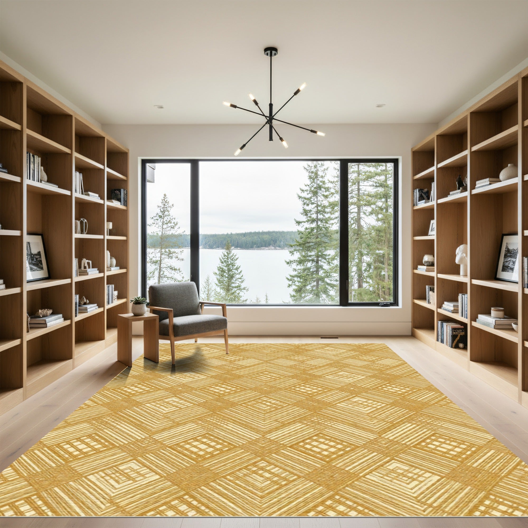Golden Geometric Lattice Textured Weave Rug