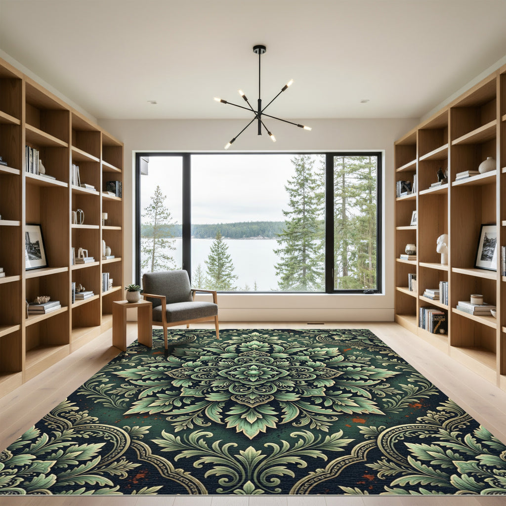 Elegant Sage Green Damask Ornate Medallion Rug