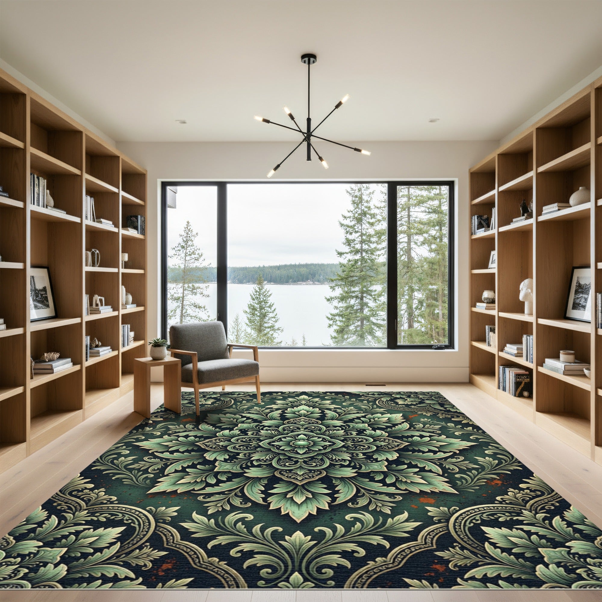 Elegant Sage Green Damask Ornate Medallion Rug