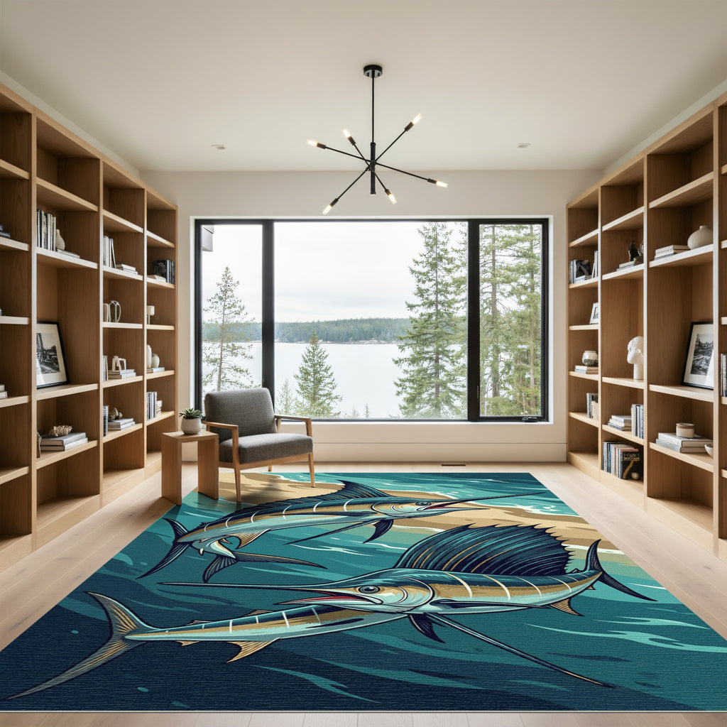 Dynamic Marine Blue Sailfish Ocean Art Rug