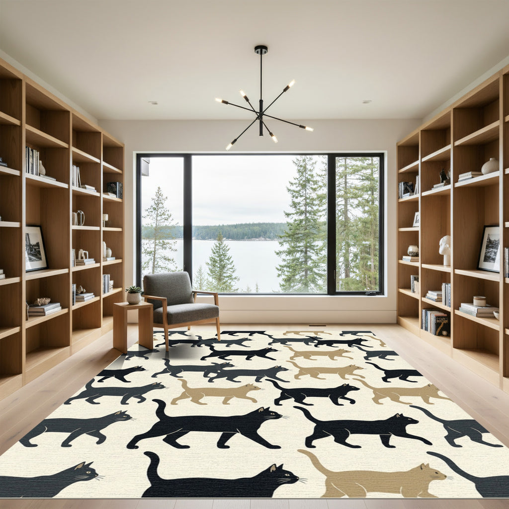 Minimalist Black and Tan Walking Cats Rug