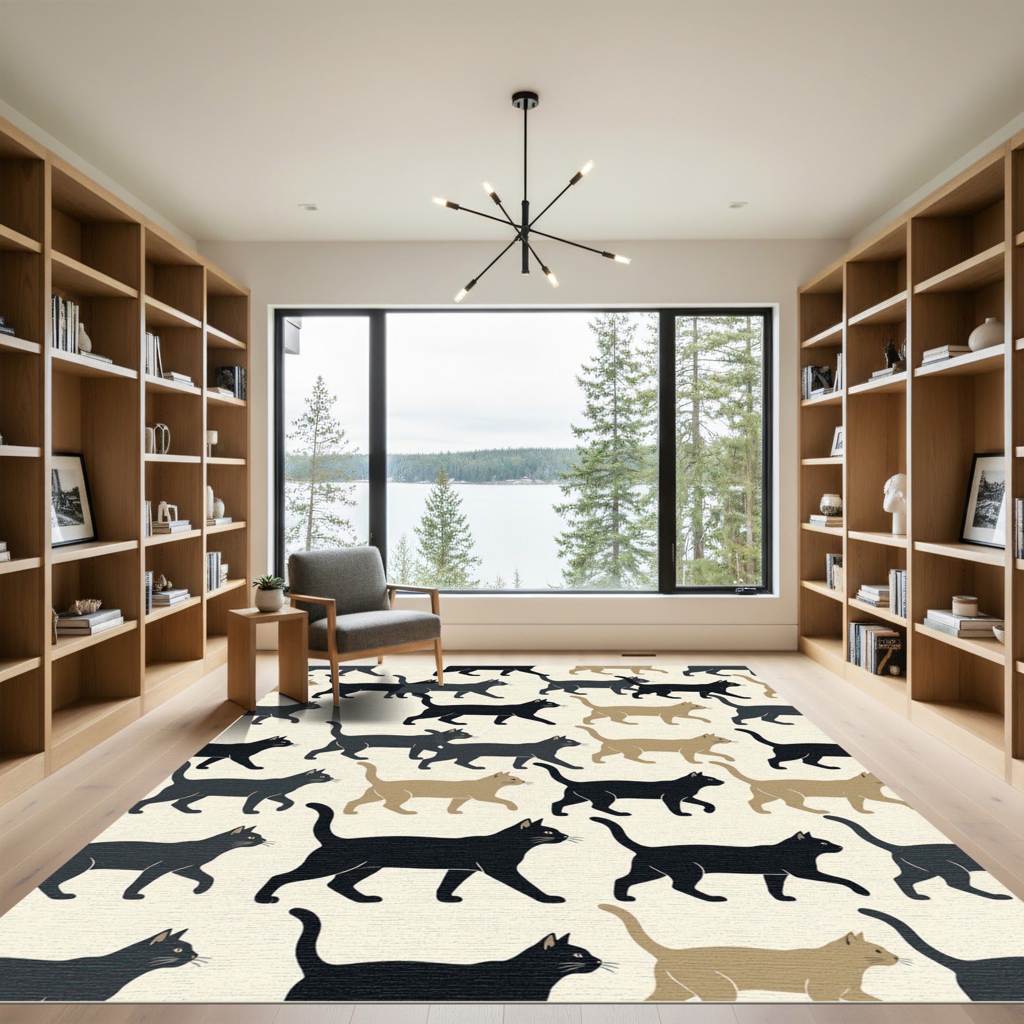 Minimalist Black and Tan Walking Cats Rug