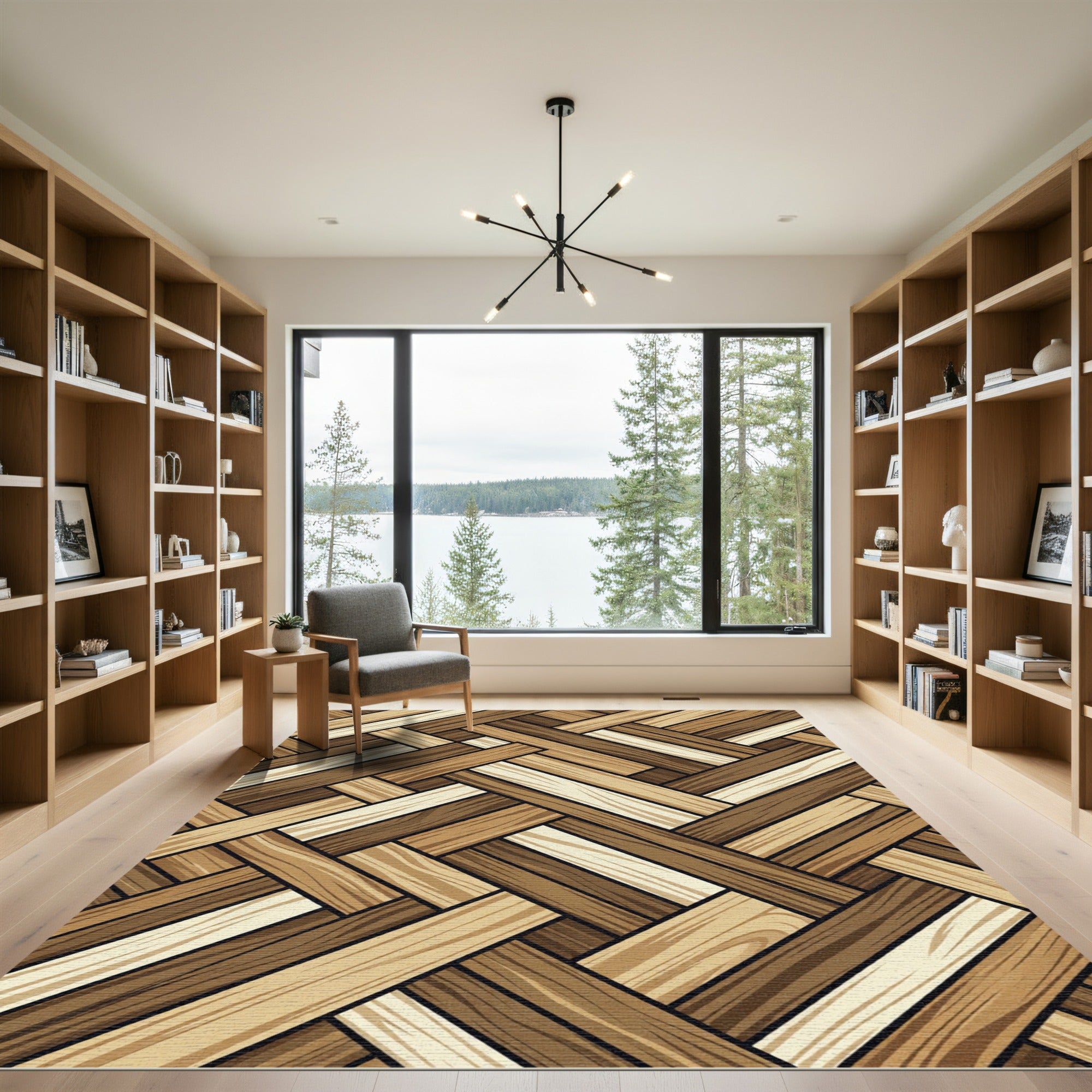 Wood Plank Herringbone Brown Rug