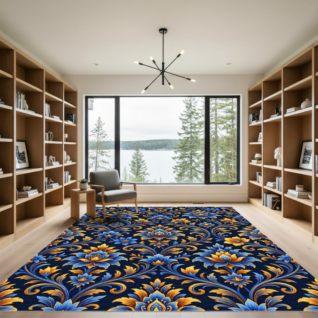 Elegent Blue and Gold Floral Damask Rug