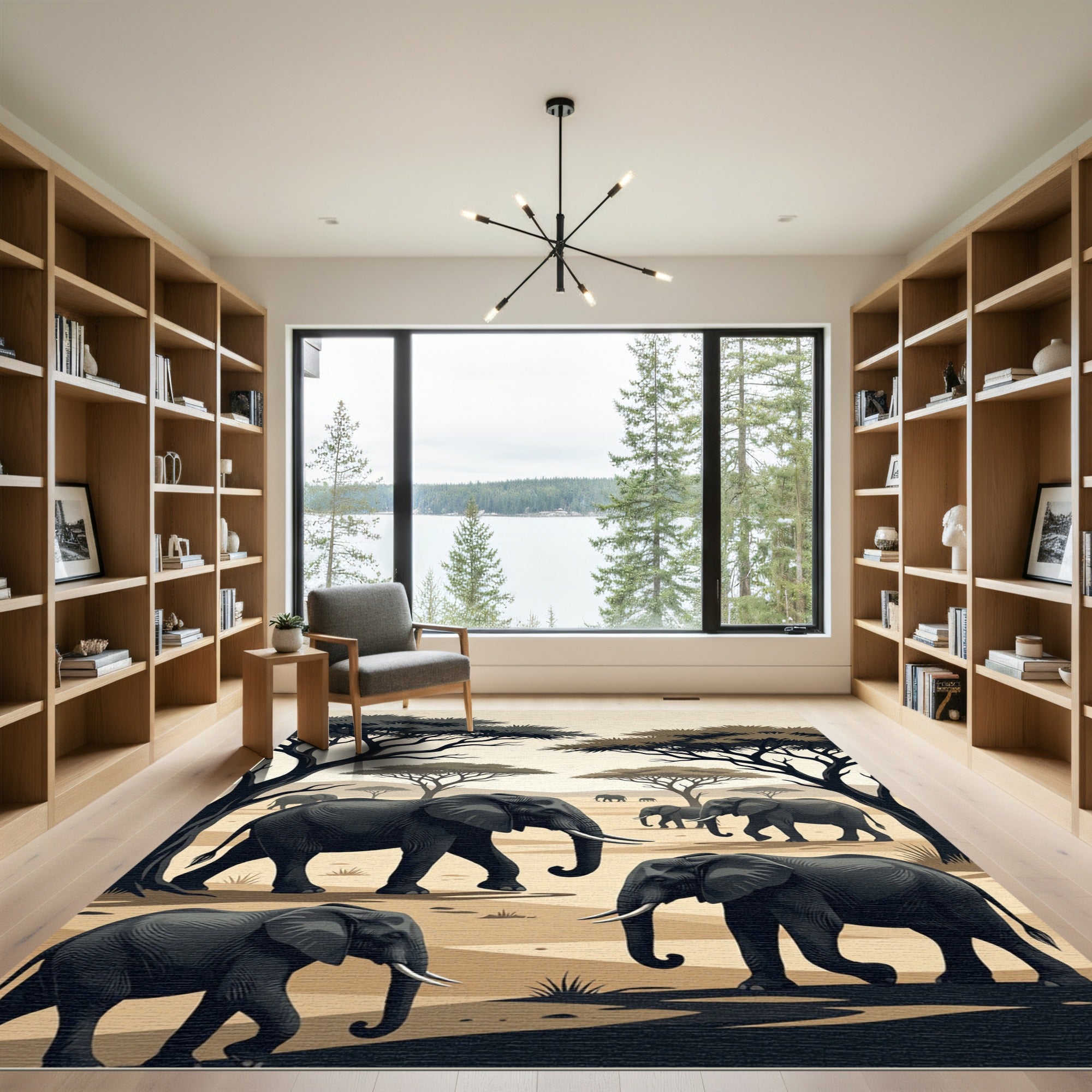 Serene Savanna Elephant Herd Landscape Rug