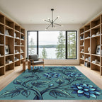 Elegant Deep Blue Botanical Floral Rug