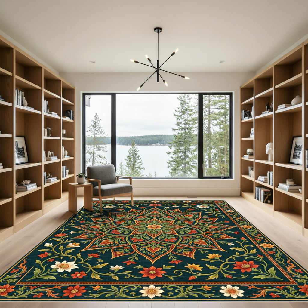 Rich Crimson Floral Scroll Medallion Rug