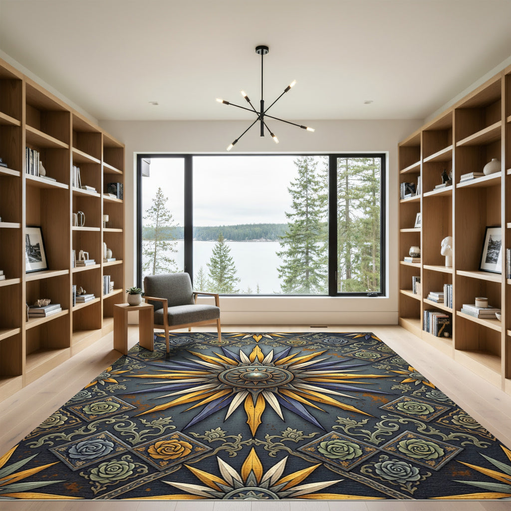 Celestial Gold and Indigo Floral Medallion Rug