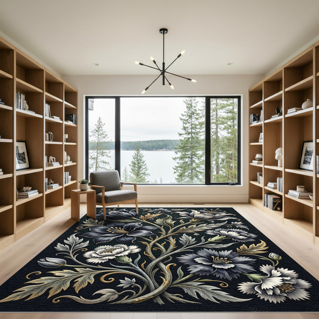 Dark Floral Scroll Gold Accents Rug