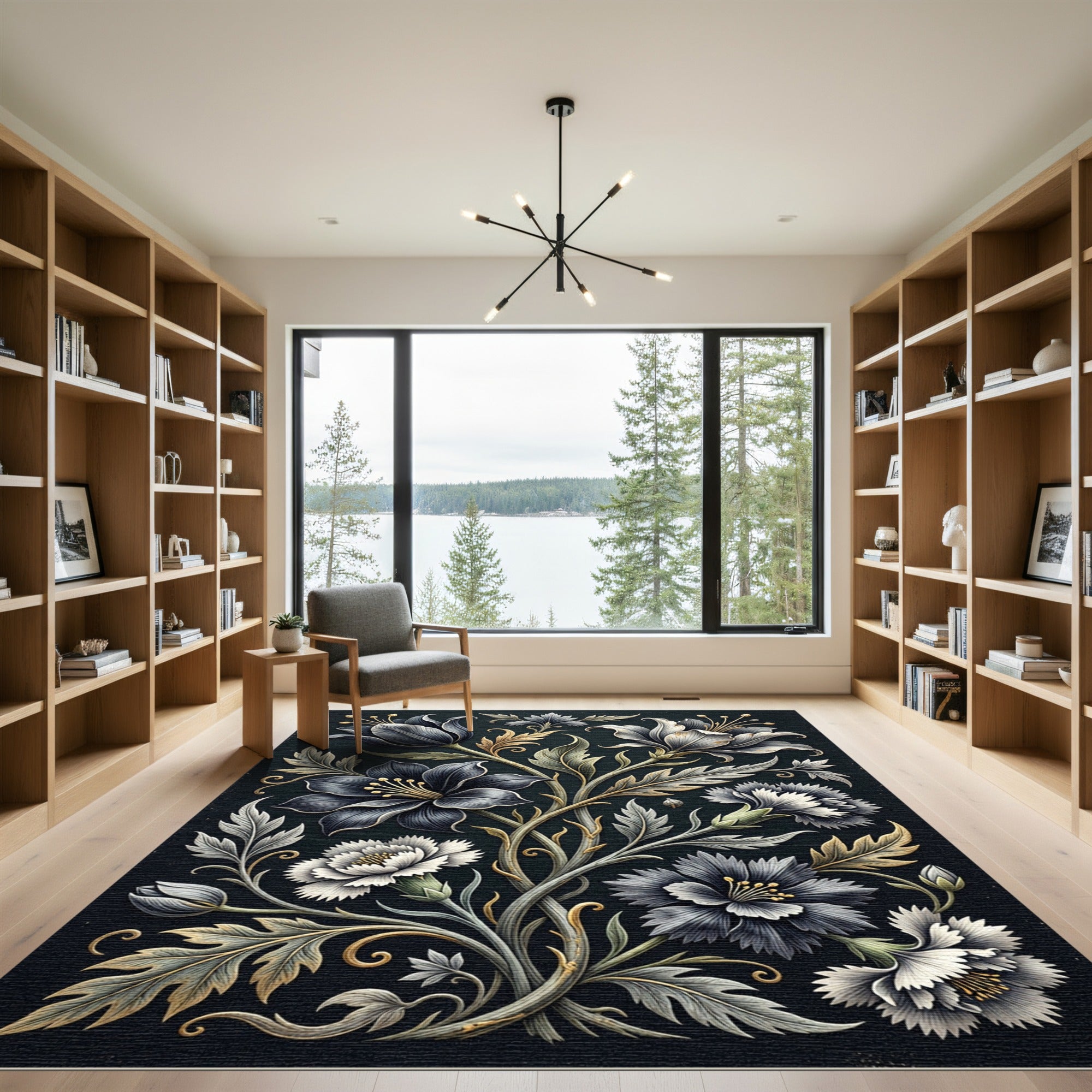 Dark Floral Scroll Gold Accents Rug