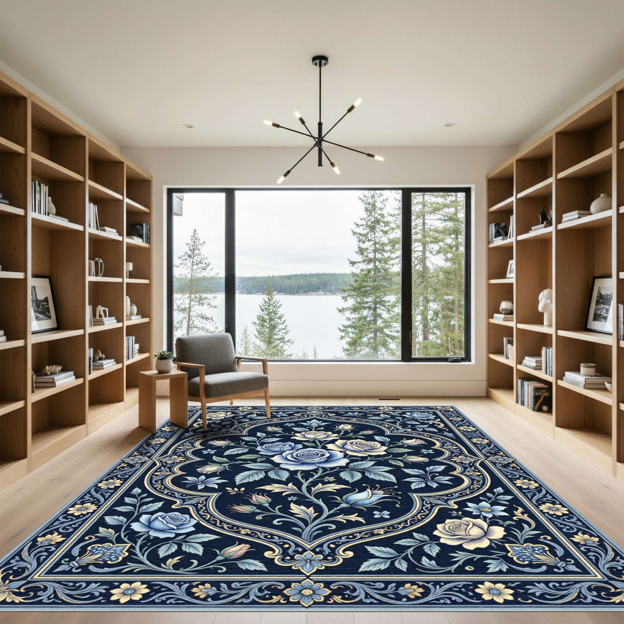 Elegant Blue Floral Medallion Rose Rug