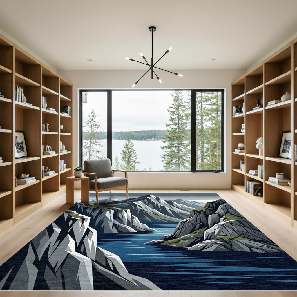 Dramatic Blue Mountain Fjord Landscape Rug
