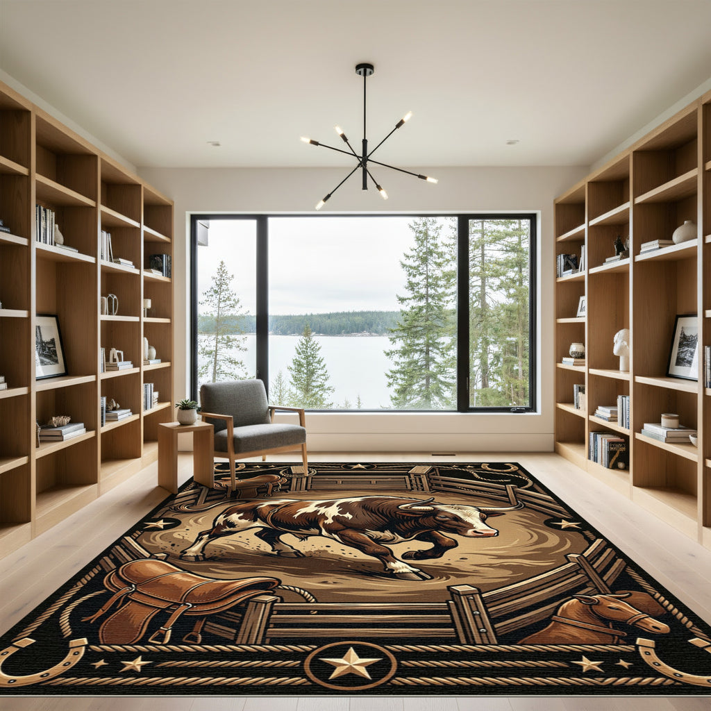 Rustic Western Bull Rodeo Scene Rug