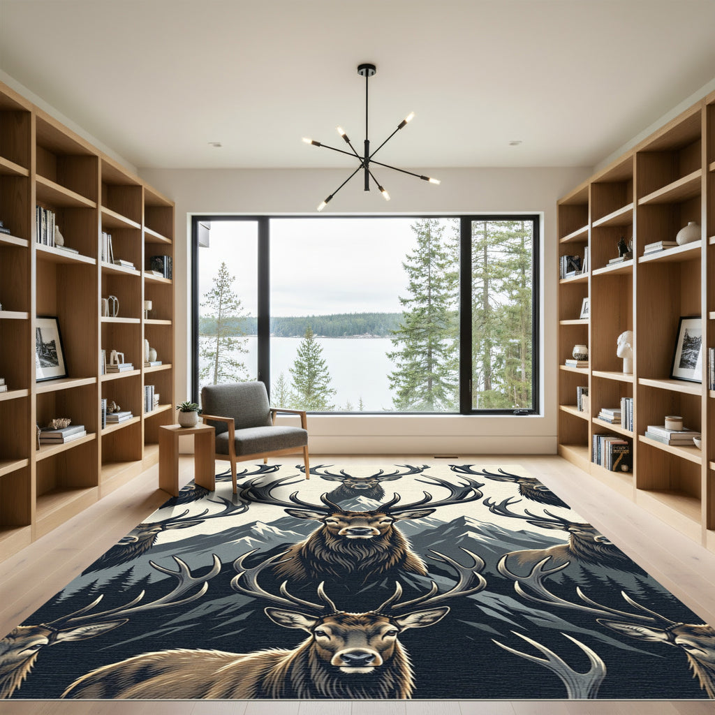 Majestic Forest Stag Mountain Silhouette Rug
