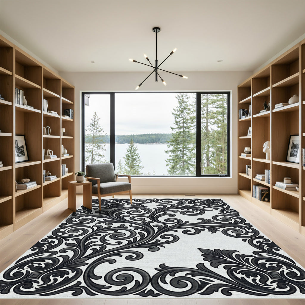 Monochrome Black Scrollwork Ornamental Flourish Rug