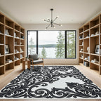 Monochrome Black Scrollwork Ornamental Flourish Rug
