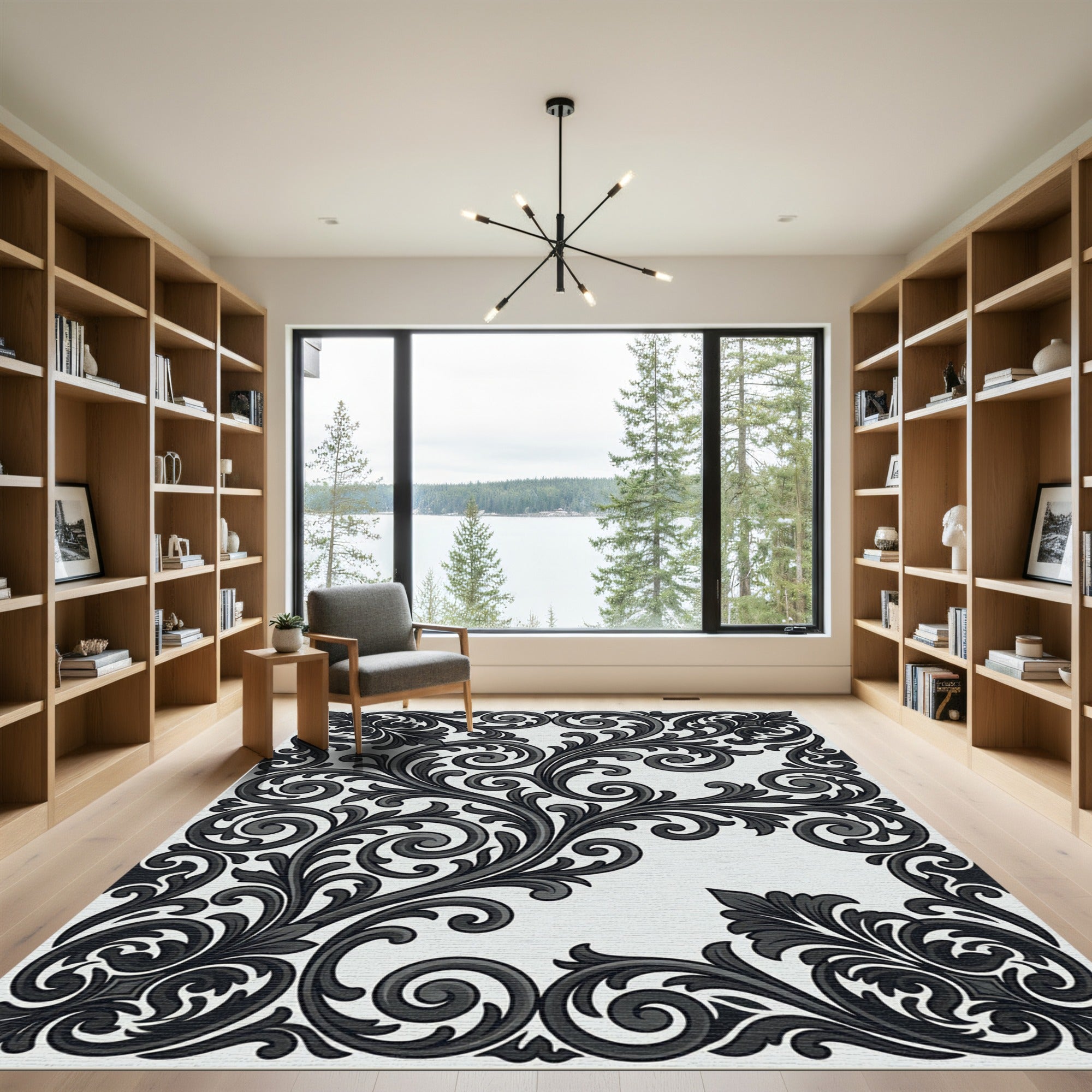 Monochrome Black Scrollwork Ornamental Flourish Rug
