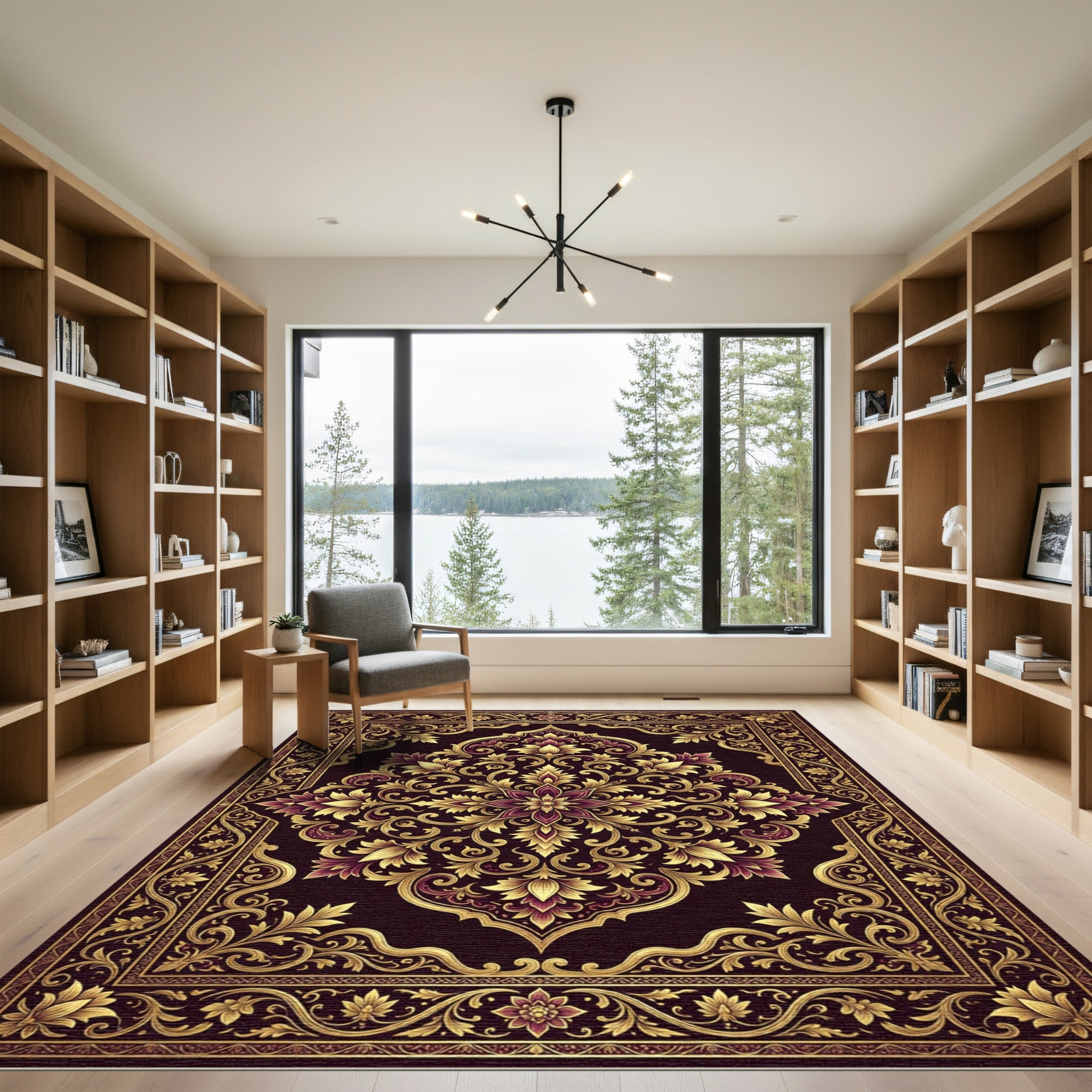 Ornate Deep Burgundy Golden Damask Foliage Rug
