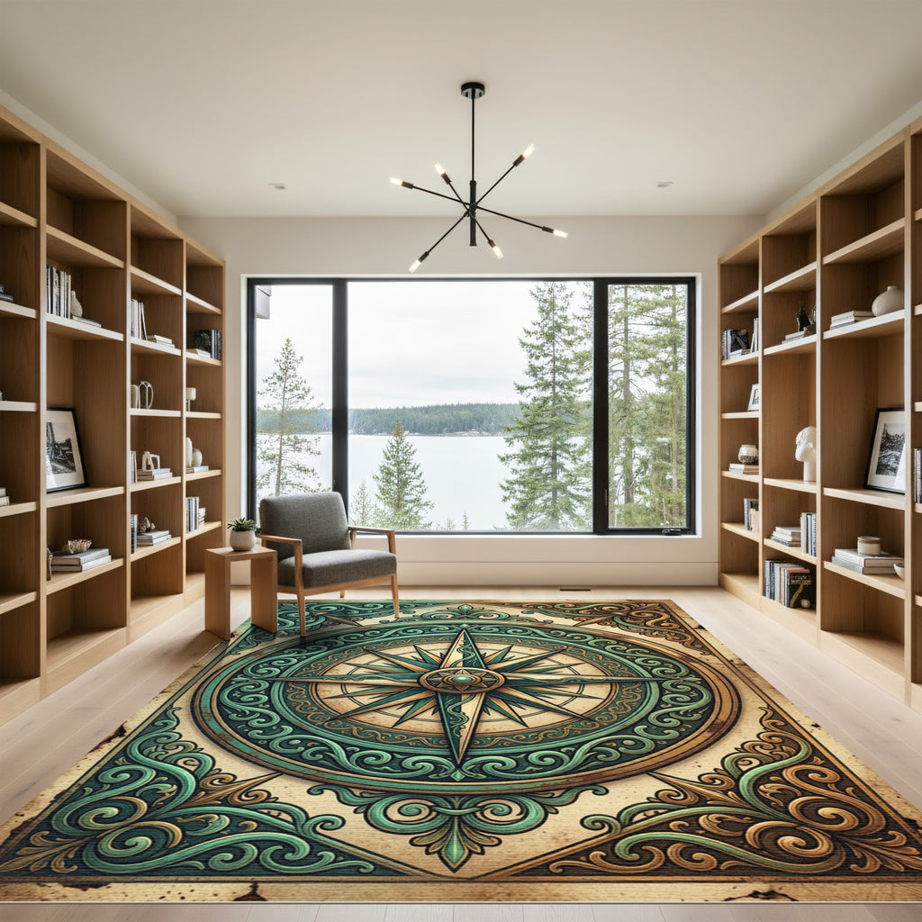 Vintage Emerald Compass Gold Scroll Rug