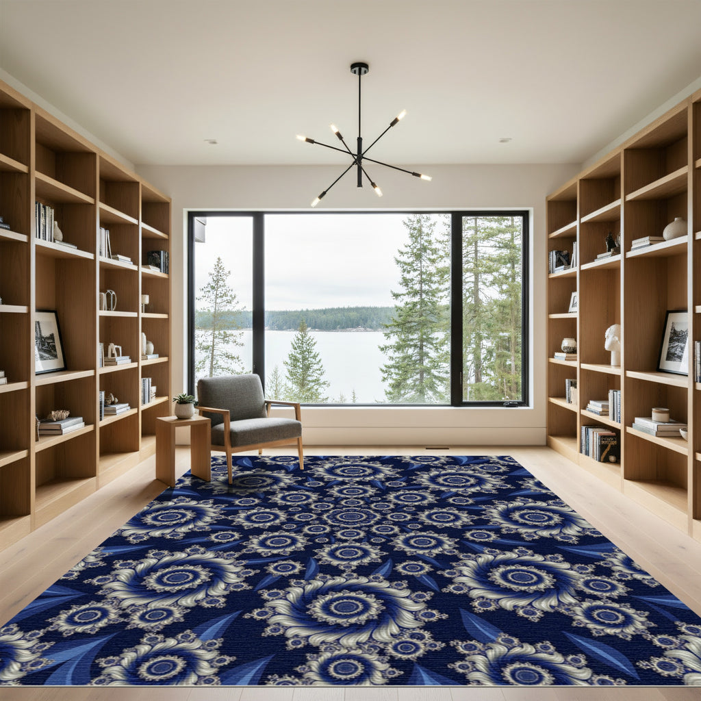 Midnight Blue Fractal Spiral Floral Mandala Rug